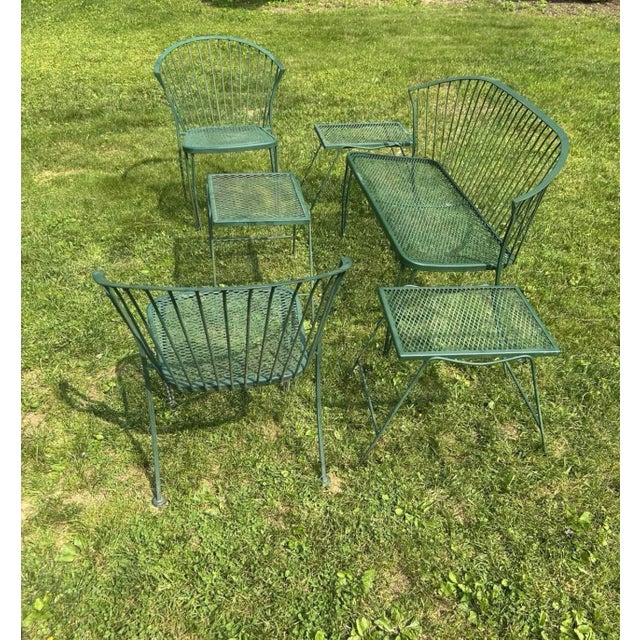 American 1980s Attributed to Russel Woodard Coversation Set Bench, 2 Chairs and 3 Side Tables For Sale - Image 3 of 7