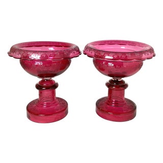 Pair of 19th Century Victorian Cranberry Glass Pedestal Bowl Compotes For Sale