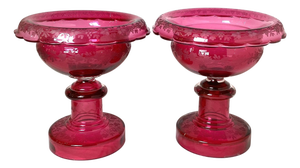 Pair of 19th Century Victorian Cranberry Glass Pedestal Bowl Compotes