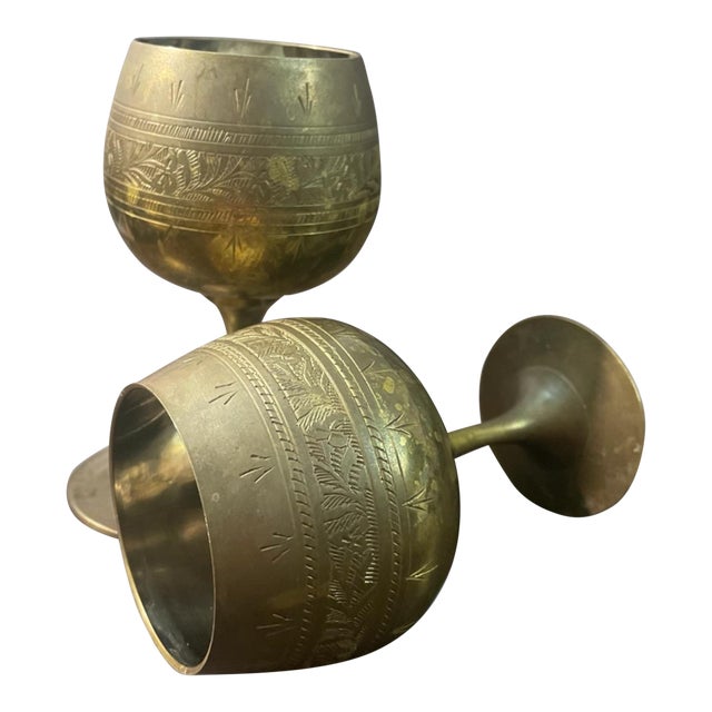Vintage Etched Brass Goblet Floral Engraved Boho Chalice Cups - Set of 2 For Sale
