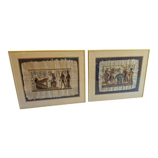 Pair of Mid-Century Modern Framed Egyptian Papyrus Artworks, 20x24 Gold Aluminum Frames For Sale