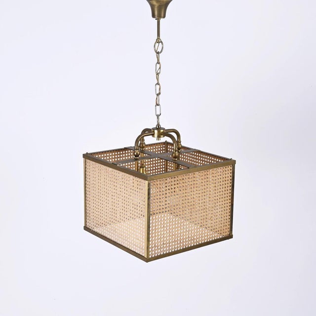 Vienna Straw Wicker, Glass Square & Brass Chandelier Lamp, Italy, 1950s For Sale - Image 11 of 17