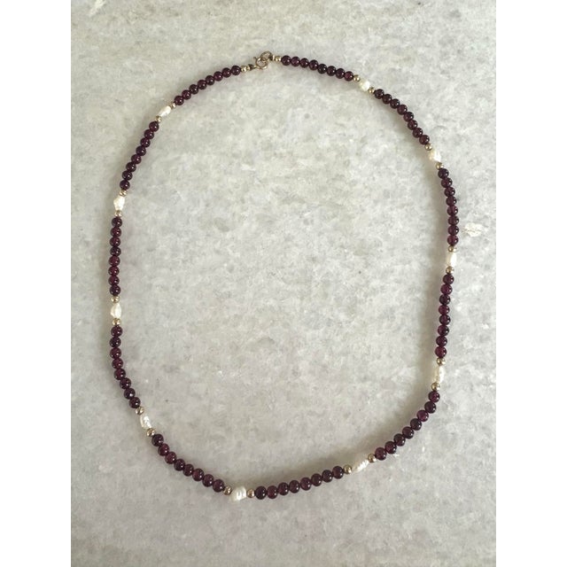 Lovely, vintage garnet and freshwater pearl necklace with gold spacers and clasp
