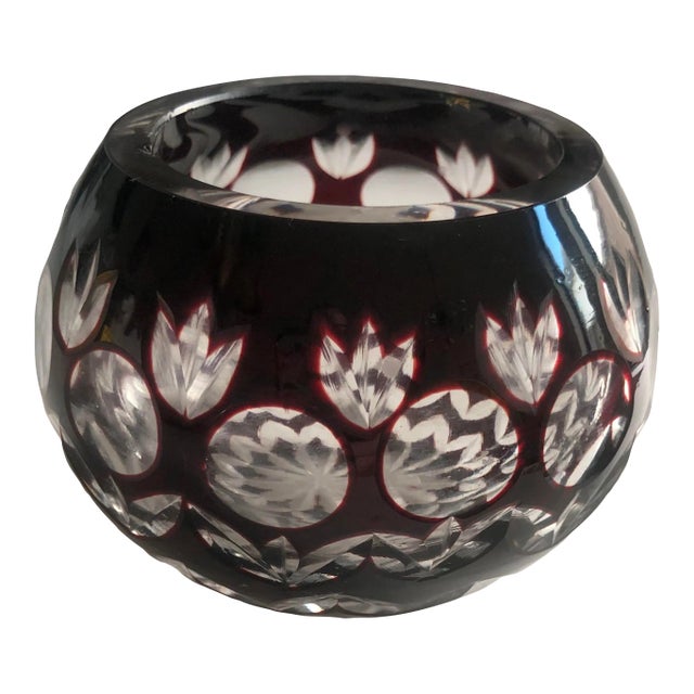 Vintage Bohemian Cut to Clear Crystal Votive Holder in Deep Garney Red For Sale
