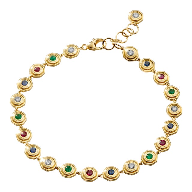 Syna Yellow Gold Hex Emerald, Ruby, Sapphire and Diamond Bracelet For Sale