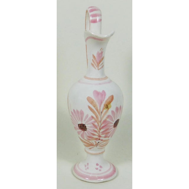Small French faience white-and-pink ewer pitcher signed Quimper, circa 1950.