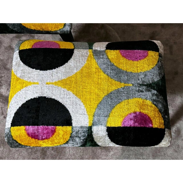 1950s Mid Century Pair of Italian Wood and Silk Velvet Ikat Benches For Sale - Image 10 of 12