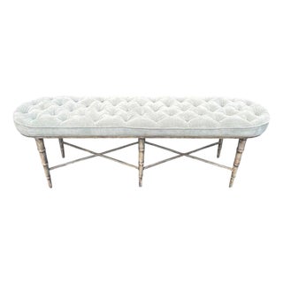 Modern Faux Bamboo Tufted Velvet Bench in Grey Blue Upholstery For Sale