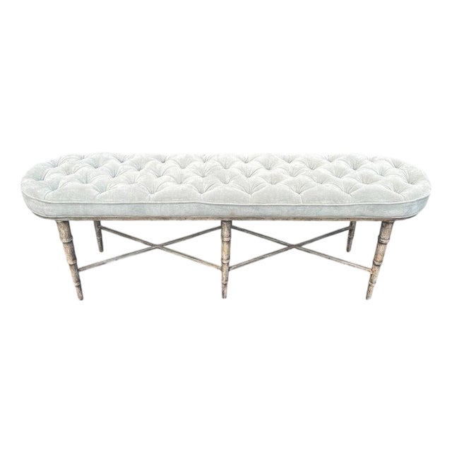 Modern Faux Bamboo Tufted Velvet Bench in Grey Blue Upholstery For Sale