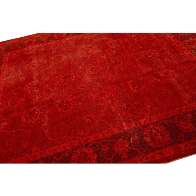 1960s Handmade Overdye Red Modern Art & Crafts Wool Rug With a Floral Pattern For Sale In New York - Image 6 of 7