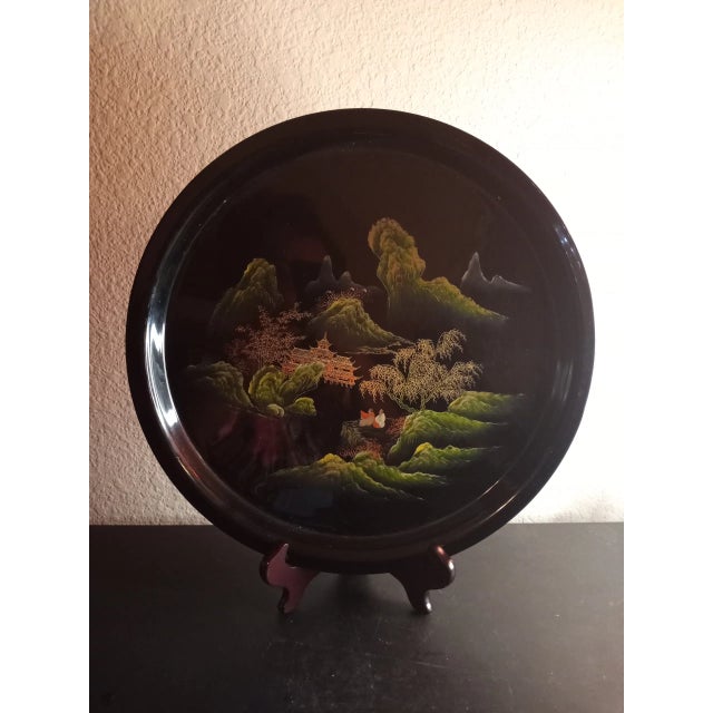 1980s 1980s Oriental Round Lacquered Black Acrylic Platter For Sale - Image 5 of 6
