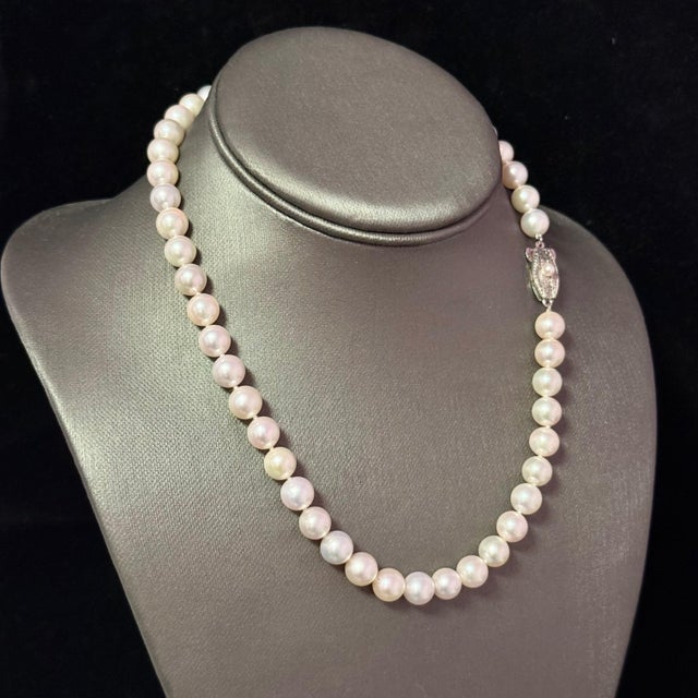 1990s Mikimoto Akoya Pearl Necklace 17" Sterling Silver 8 - 8.5 mm Estate For Sale - Image 9 of 11