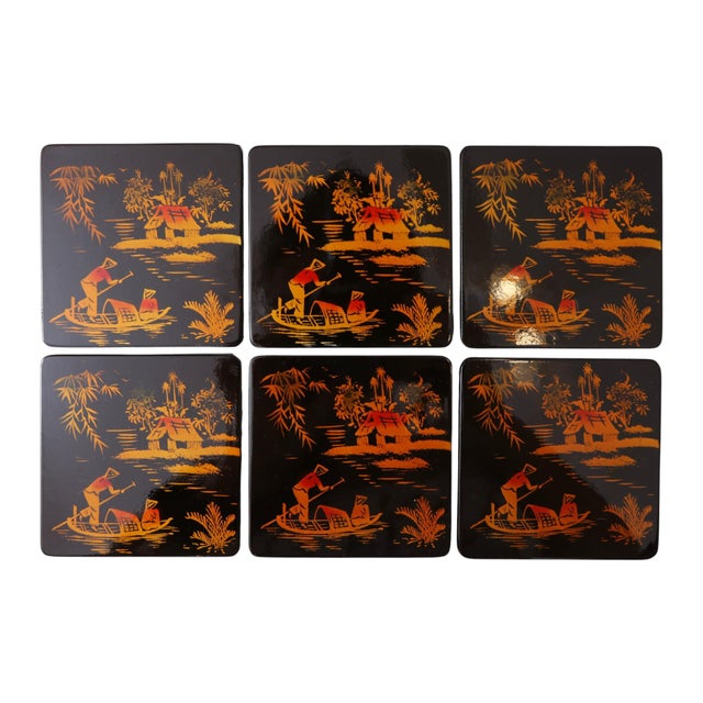 A set of six Vietnamese black lacquerware coasters. Square with rounded corners, the coasters are decorated with a rural...