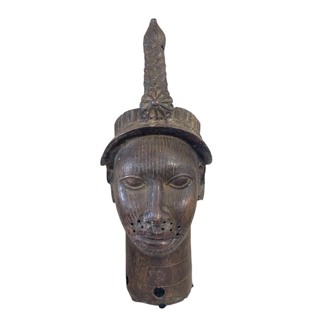 1960s Large Vintage Benin Bronze Head of a King Oba Nigeria African 21.5" H For Sale - Image 5 of 8