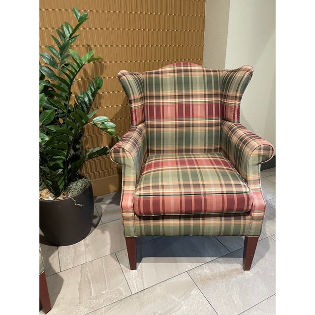 Custom Calico Corners Tartan Plaid & Wood Wingback Chairs, English Country - A Pair For Sale - Image 10 of 12