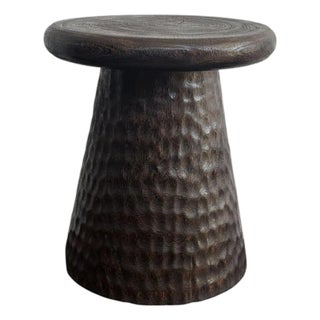 Sculptural Burnt Suar Wood Side Table in Espresso Finish, Hand-Hewn Detailing For Sale