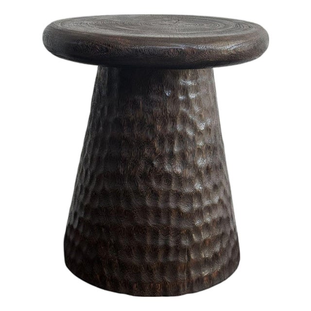 Sculptural Burnt Suar Wood Side Table in Espresso Finish, Hand-Hewn Detailing For Sale