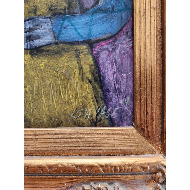 Acrylic painting with gold frame and purple background depicting an abstract person with a glass. Shawn Savage, a noted...