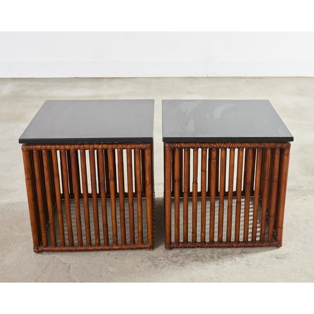 Mid-Century Modern Pair of McGuire Bamboo Cube Granite Top Drinks Tables For Sale - Image 3 of 18