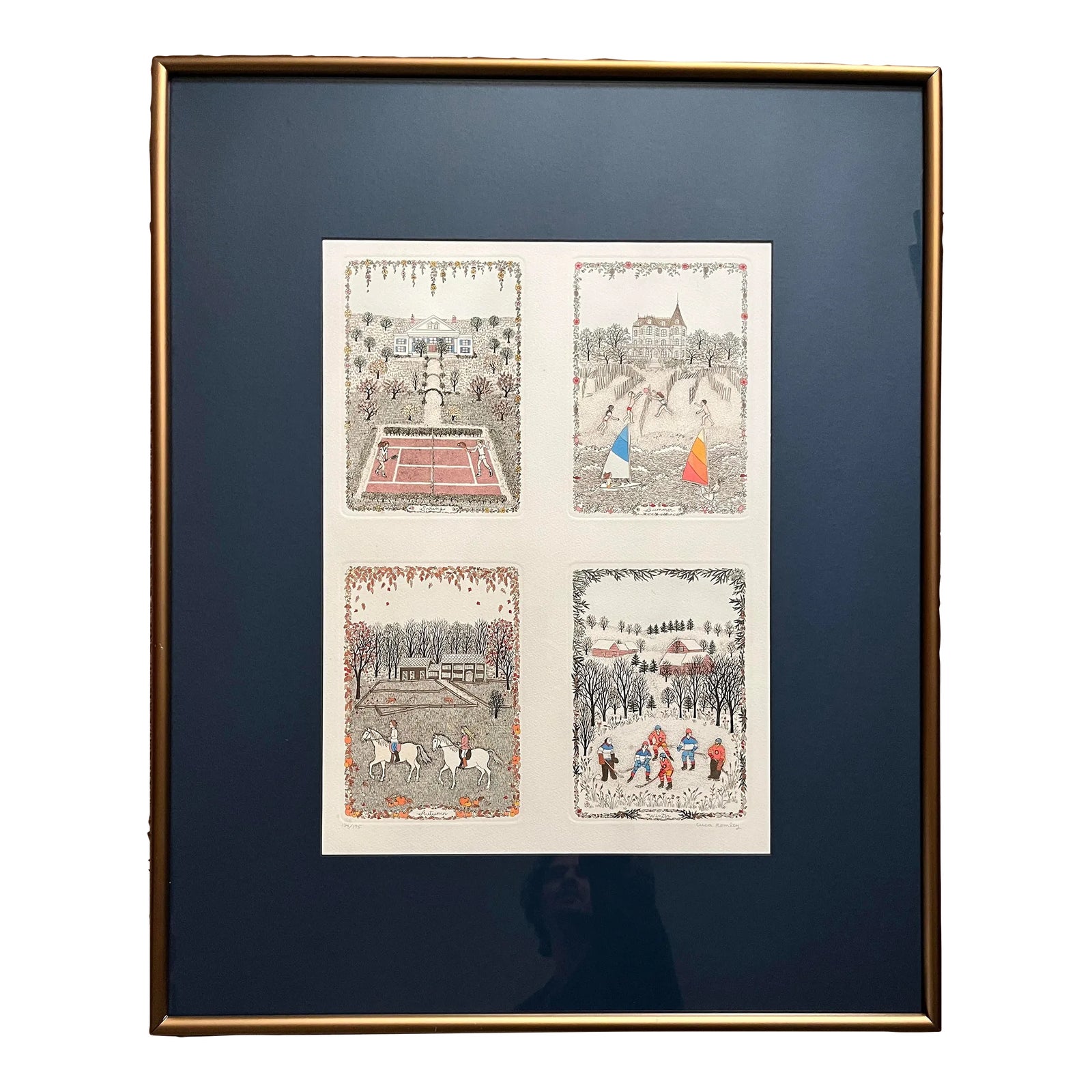 【額装アート】Cuca Romley “Little Falls” 直筆サイン 1990's Cuca Romley Handcolored Etching Seasons Sports Signed Ed