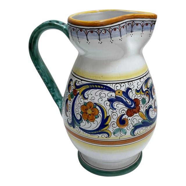 Large Italian Hand Painted Ricco Deruta Pottery Water Pitcher For Sale