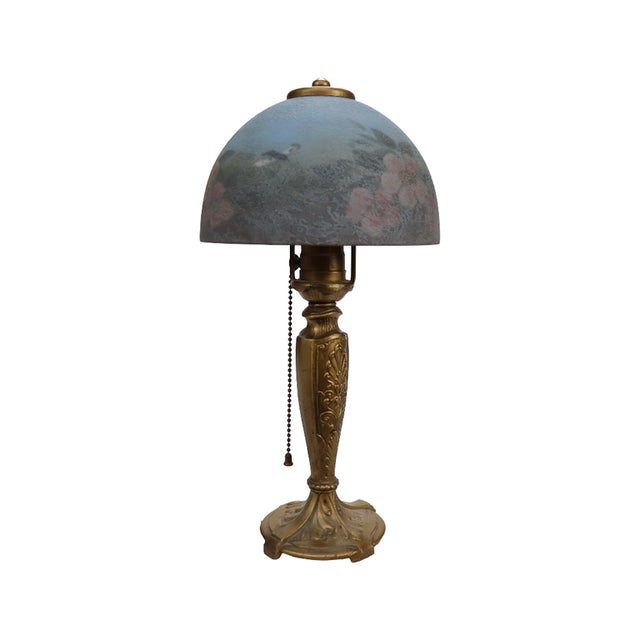 Handel Floral Reverse Painted Chipped Ice Shade & Gilt Metal Base C1910 For Sale - Image 11 of 13