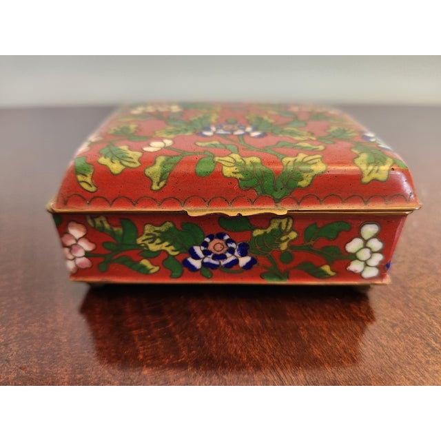 Vintage Chinese Colorful Floral Red Cloisonné Box For Sale - Image 11 of 13