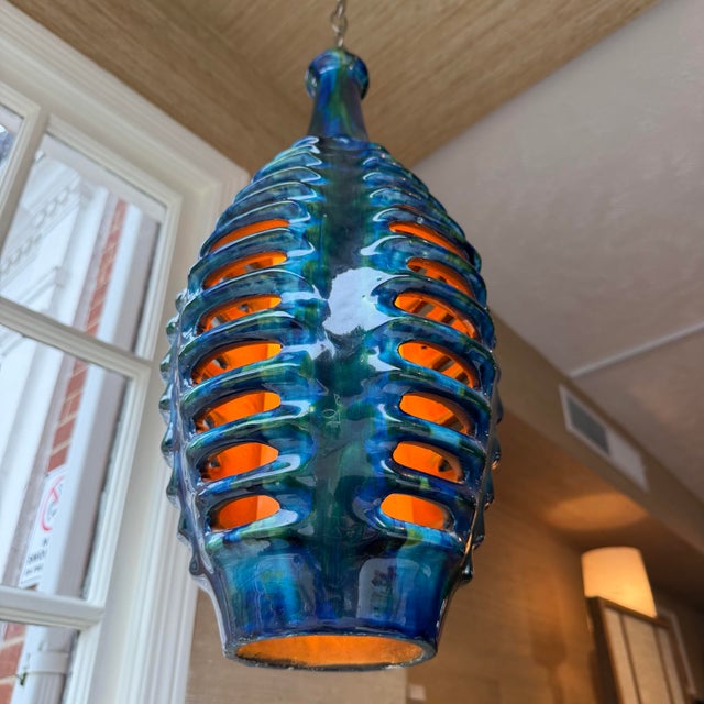 Mid-Century Modern Mid 20th Century Mid Century Modern Glazed Ceramic Swag Light Lantern Brutalist Style For Sale - Image 3 of 9