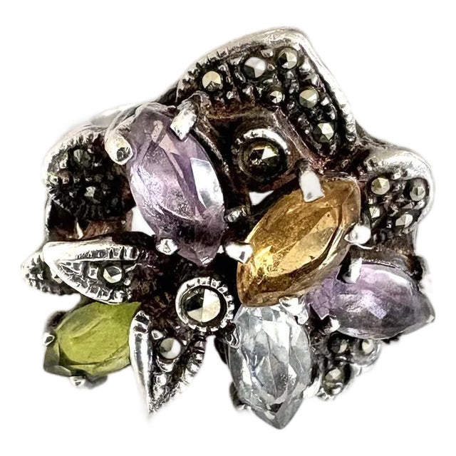 Vintage Sterling Silver, Amethyst, and Citrine Peridot Ring - Size 7.5 For Sale