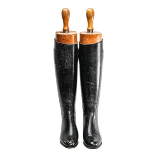 Nice Horse Riding English Antique Black Leather Boots Wood Trees Home Decor Prop Country Equestrian For Sale