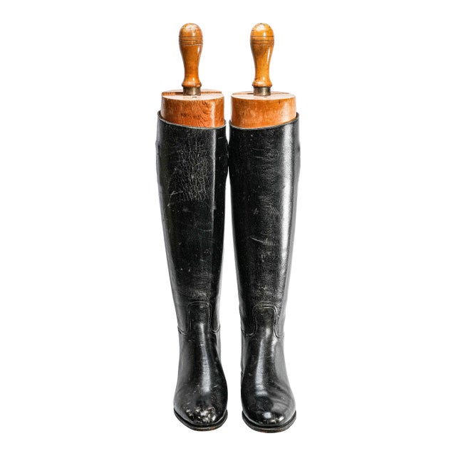 Nice Horse Riding English Antique Black Leather Boots Wood Trees Home Decor Prop Country Equestrian For Sale