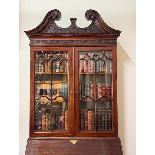 Early George III Mahogany Bureau Bookcase With Carved Swan Neck Pediment For Sale - Image 4 of 17
