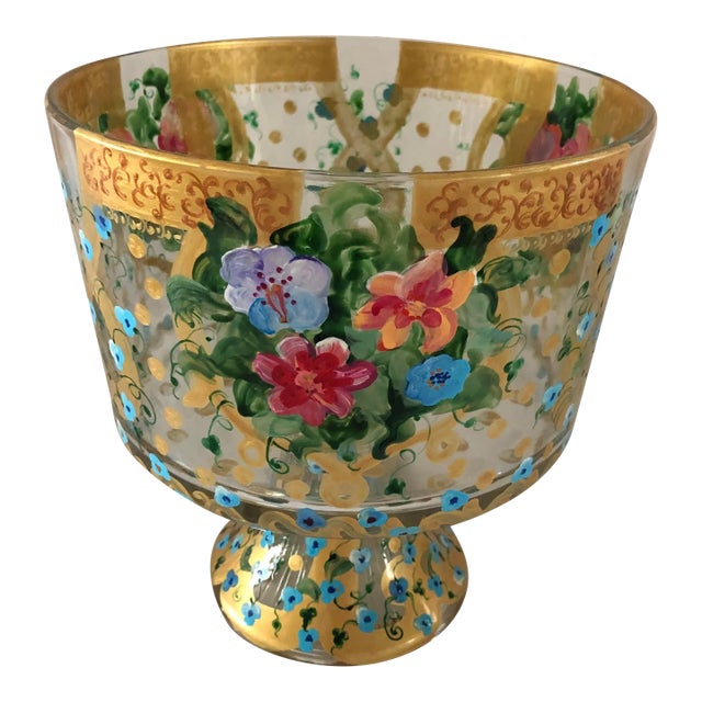 1990s Diana Galkasova Hand Painted Crystal Footed Bowl For Sale