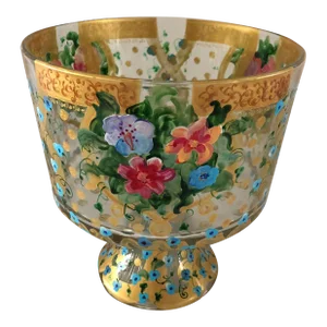 1990s Diana Galkasova Hand Painted Crystal Footed Bowl