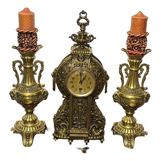 Vintage French Brass Cherub Mantel Clock and Vases, 1920s, Set of 3 For Sale