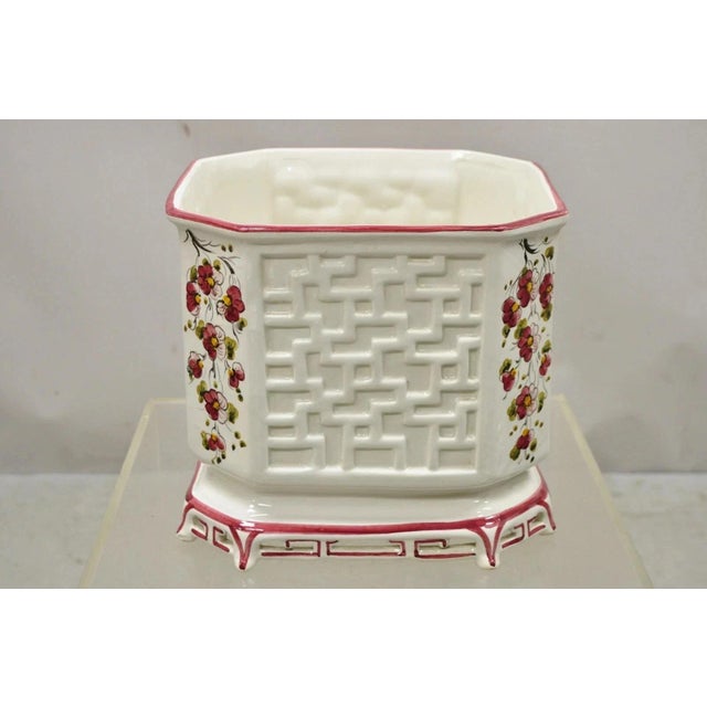 Vintage Chinoiserie Italian Porcelain Lattice Fretwork Pink Flower Planter Pot. Item features lattice fretwork design,...