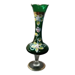 1980s Hand Painted Bohemian Emerald Green Pedestal Vase