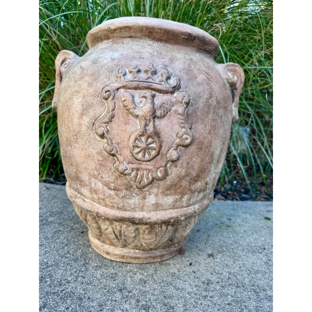 Vintage Tuscan Style Terracotta Garden Urn With Mascaron Handles and Heraldic Crest For Sale - Image 9 of 9