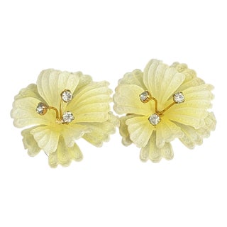1950s Austria Pale Yellow Frosted Flower and Crystal Earrings, Pair For Sale