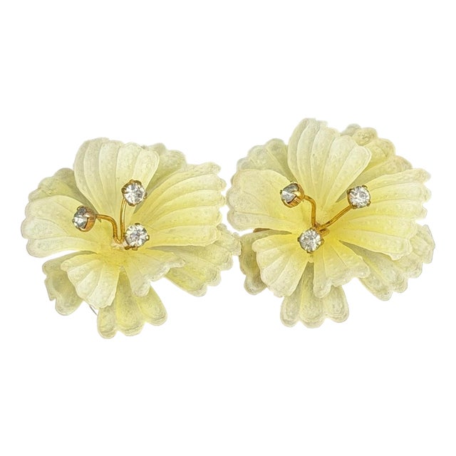 1950s Austria Pale Yellow Frosted Flower and Crystal Earrings, Pair For Sale