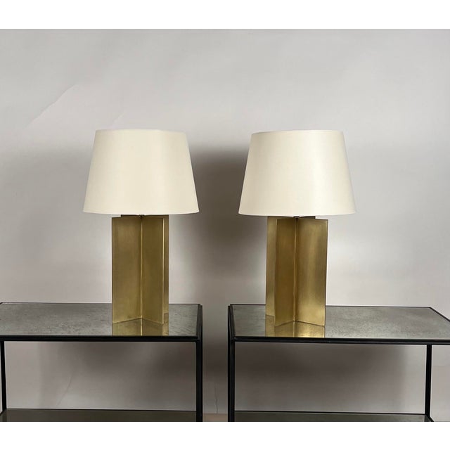 Pair of Large 'Croisillon' Solid Brass Lamps With Parchment Shades by Design Frères For Sale In Los Angeles - Image 6 of 8