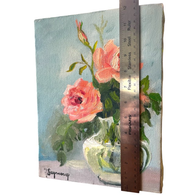 1970s Vintage 1977 Original Oil Painting on Canvas – “Roses in Vase” by Flo Seymour For Sale - Image 5 of 6