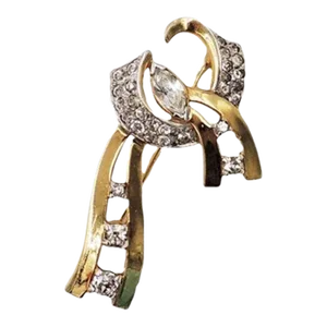 Vintage 1940s Signed Mazer Goldtone Clear Rhinestone Ribbon Brooch