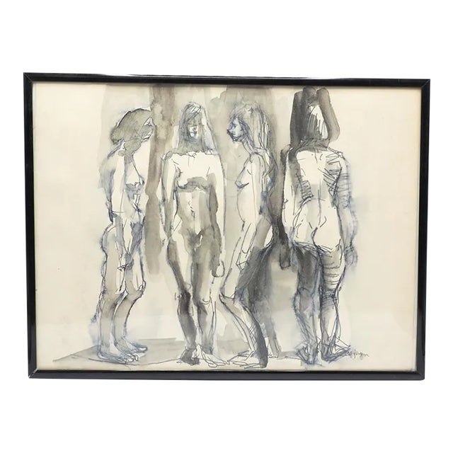 1970s Mid Century Modern Abstract Life Study Figure Nude Naomi Yergin Framed For Sale