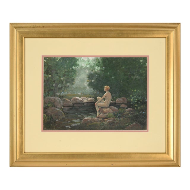 Lady by the Pond, 1920's Art Nouveau Nude Figurative Landscape by John Jay Baumgartner For Sale