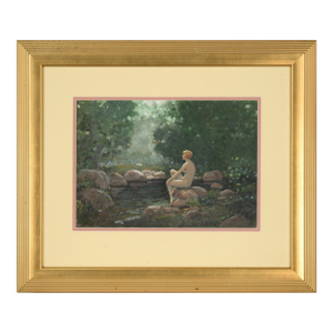 Lady by the Pond, 1920's Art Nouveau Nude Figurative Landscape by John Jay Baumgartner