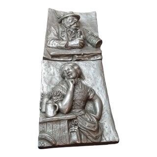 1990s Gorgeous Pair of Geschutzt Handarbeit Zin Relief Pewter Wall Plaques For Sale