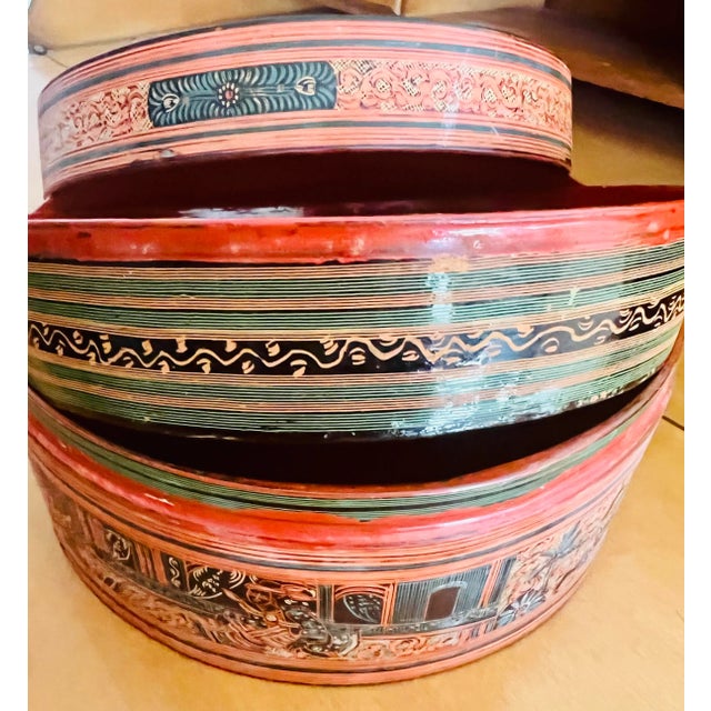 Paint Vintage Burmese Orange Circular Layered Lacquer Box, C. Early 1900’s For Sale - Image 7 of 11