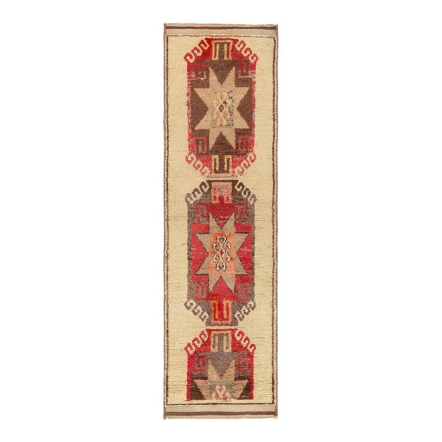 Vintage Tribal Runner in Beige-Brown, Red Medallion Patterns For Sale