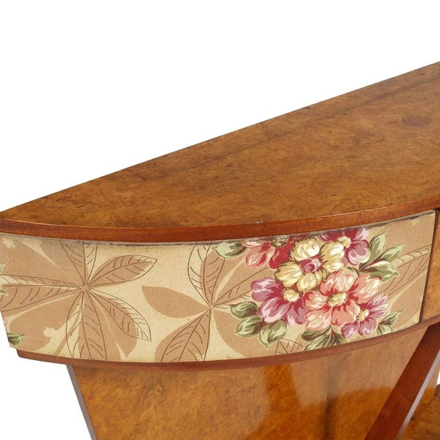 1930s Mid Century Italian Art Deco Mirrored Console in Elm Briar Gio Ponti style. Half-moon top with drawer, with apron...